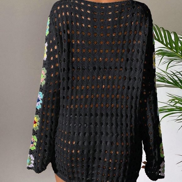 Black Boho Womens Floral Pattern Hollow Out Cover Up Dress - Picture 2 of 5